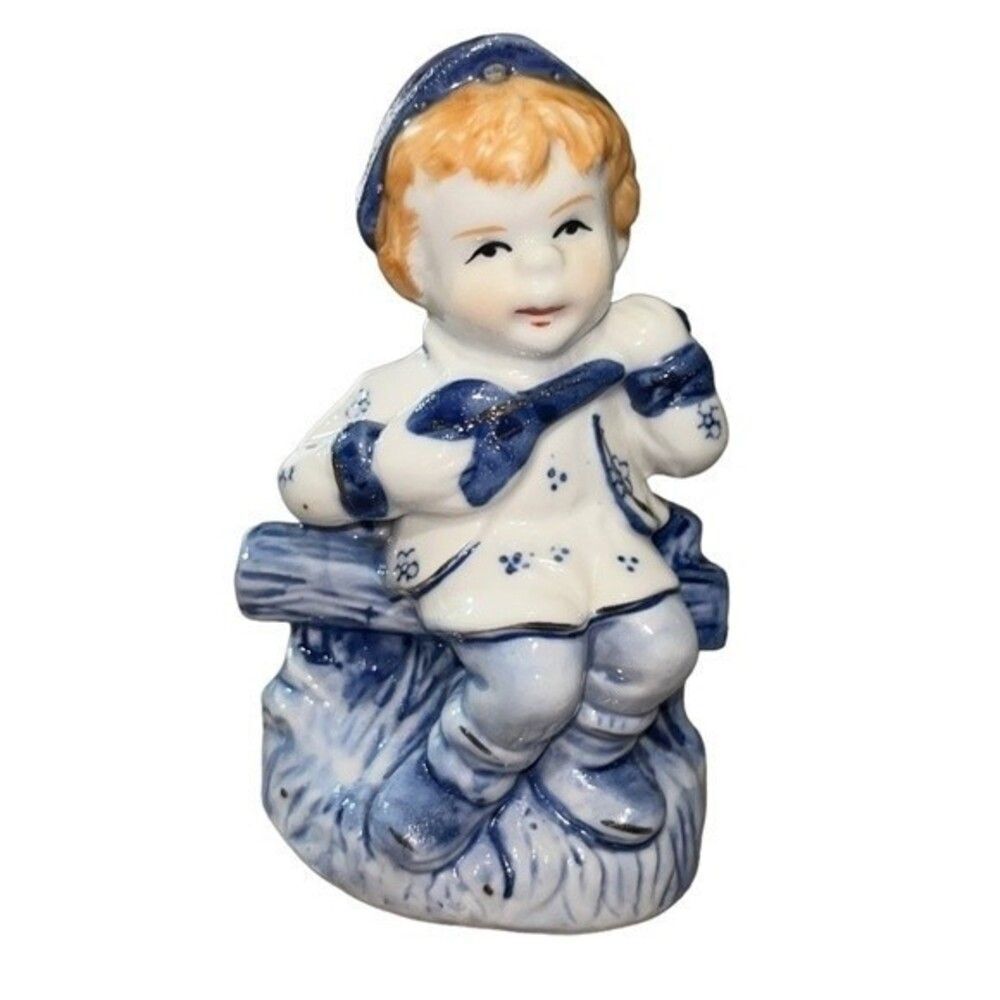 Vintage Porcelain Hand-painted Figurine Redhead Boy on Bench Playing Mandolin
